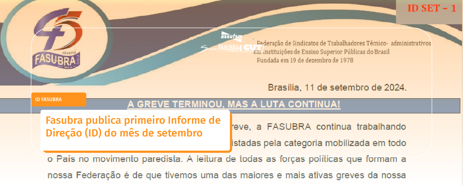 Fasubra publica primeiro Informe de Direção (ID) do mês de setembro de 2024