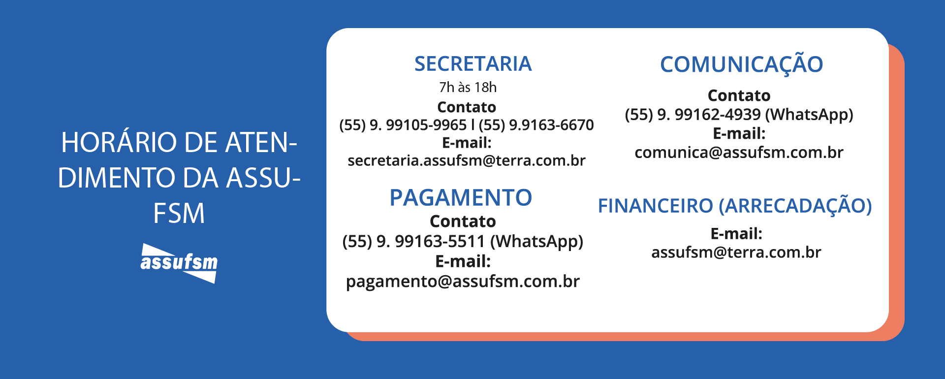 Novo horário de funcionamento da Secretaria da Assufsm, a partir da próxima semana
