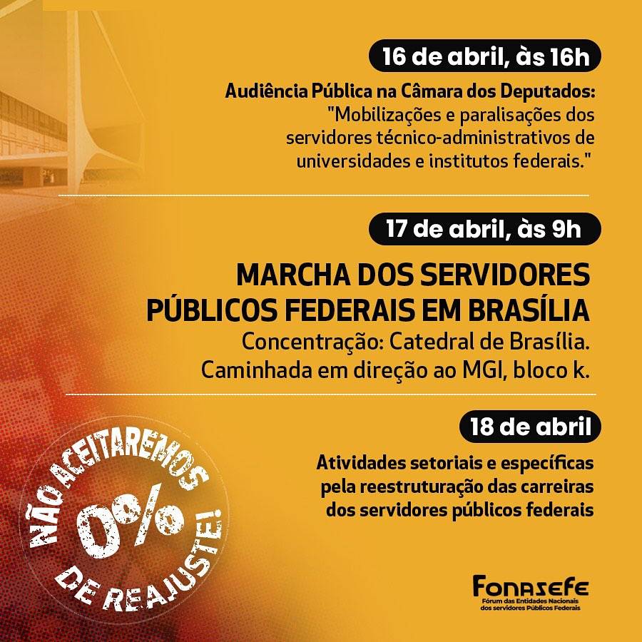 AGORA É GREVE: Jornada de lutas será nos dias 16, 17 e 18 de abril em Brasília