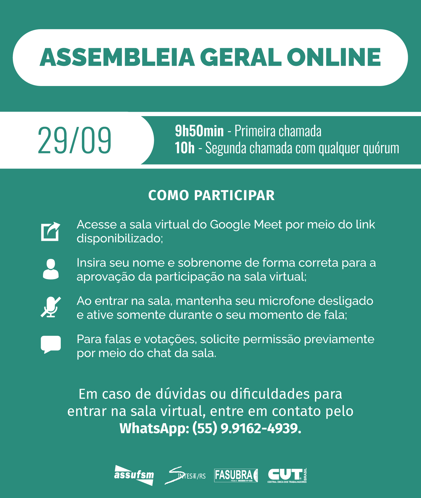 Assufsm divulga regras de participação da Primeira Assembleia Geral Online
