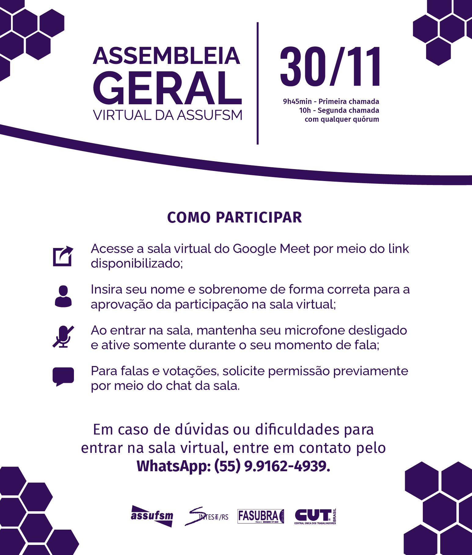 Assufsm divulga regras de participação da Segunda Assembleia Geral Virtual