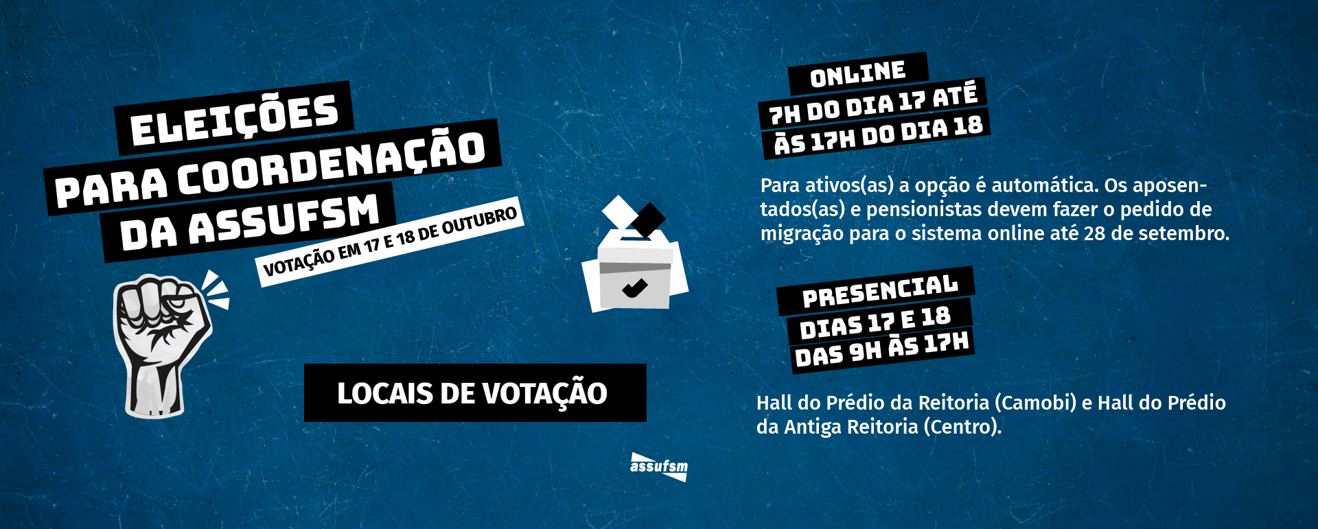Eleições 2023 Assufsm: Confira os locais de votação de maneira presencial, migração para o online e as inscrições para mesários(as)