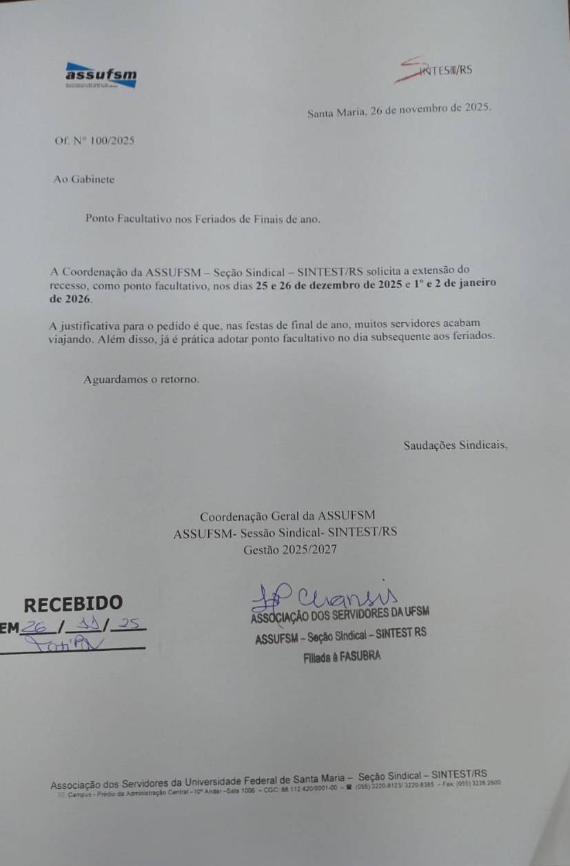 ASSUFSM solicita à Reitoria ponto facultativo nos feriados de finais de ano em 2025