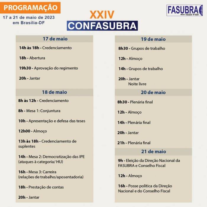 Confira a programação do XXIV CONFASUBRA que começa na próxima semana