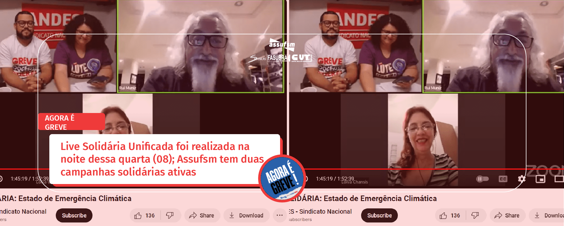 AGORA É GREVE: Live Solidária Unificada foi realizada na noite dessa quarta (08); Assufsm tem duas campanhas solidárias ativas
