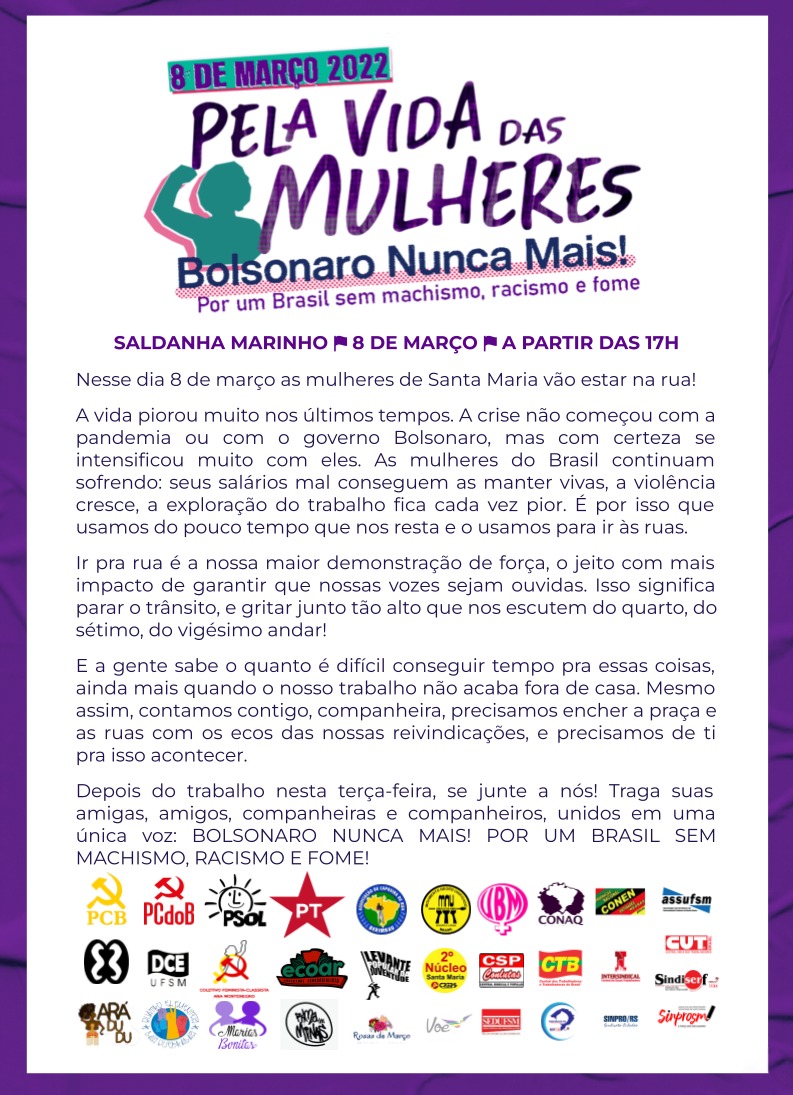 FASUBRA no 8M: “Pela Vida das Mulheres: Bolsonaro Nunca Mais!”