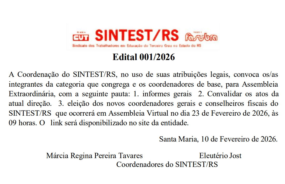 SINTEST/RS publica Edital 001/2026 e convoca Assembleia Extraordinária no dia 23 de fevereiro