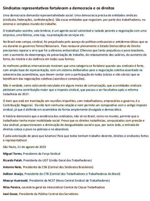 “Sindicatos representativos fortalecem democracia e direitos”