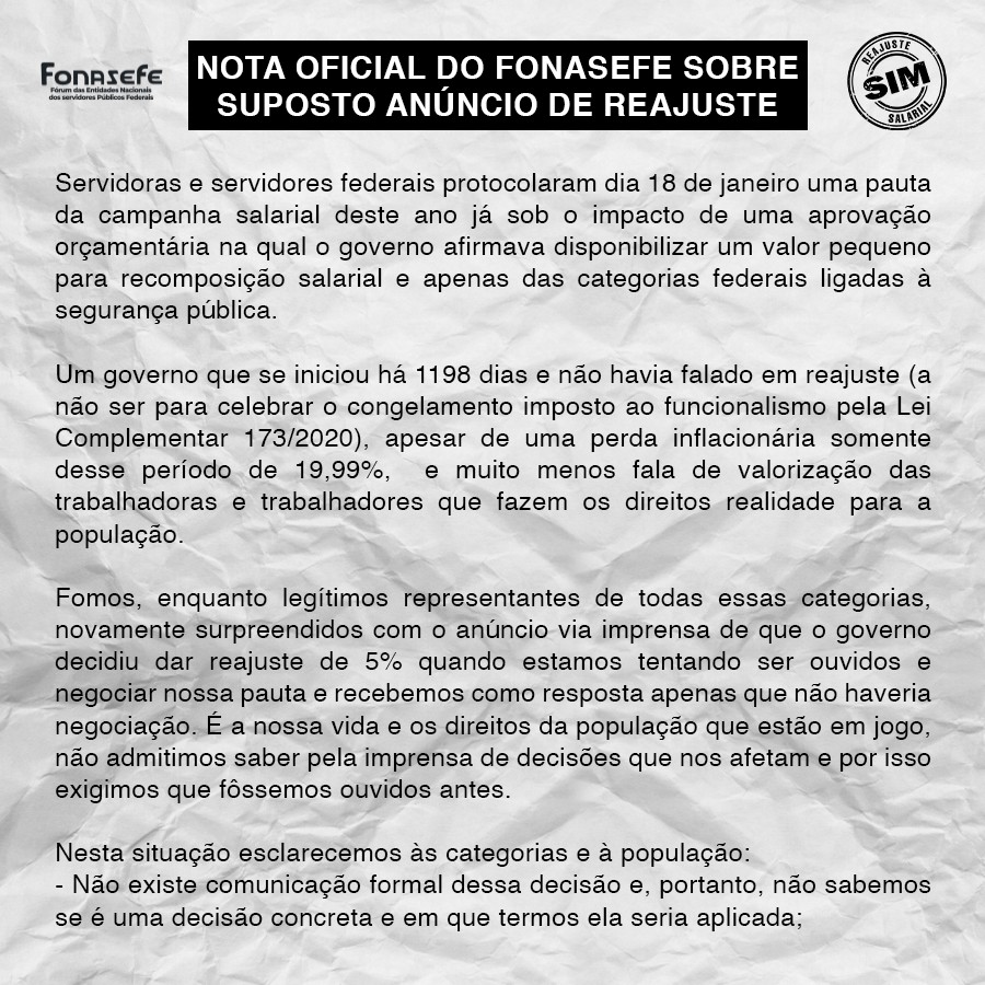 FONASEFE divulga nota sobre o suposto reajuste de 5% anunciado pelo governo e Ministério da Economia já fala sobre LDO de 2023