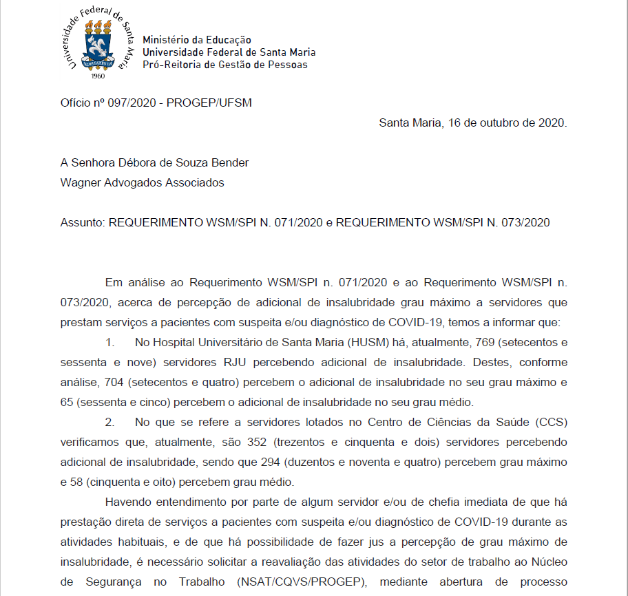 CORONAVÍRUS: PROGEP responde pedido de pagamento de Insalubridade no Grau Máximo feito pelo escritório da WAA