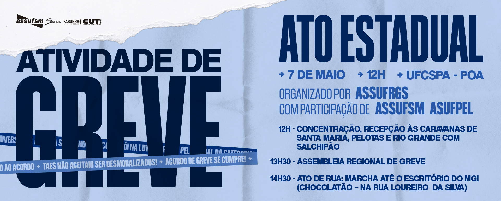 Ato Unificado Estadual de greve ocorre na capital gaúcha no dia 7 de maio