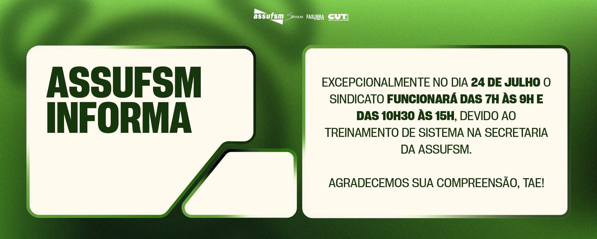 Secretaria da Assufsm funcionará em horário diferenciado na sexta (24)