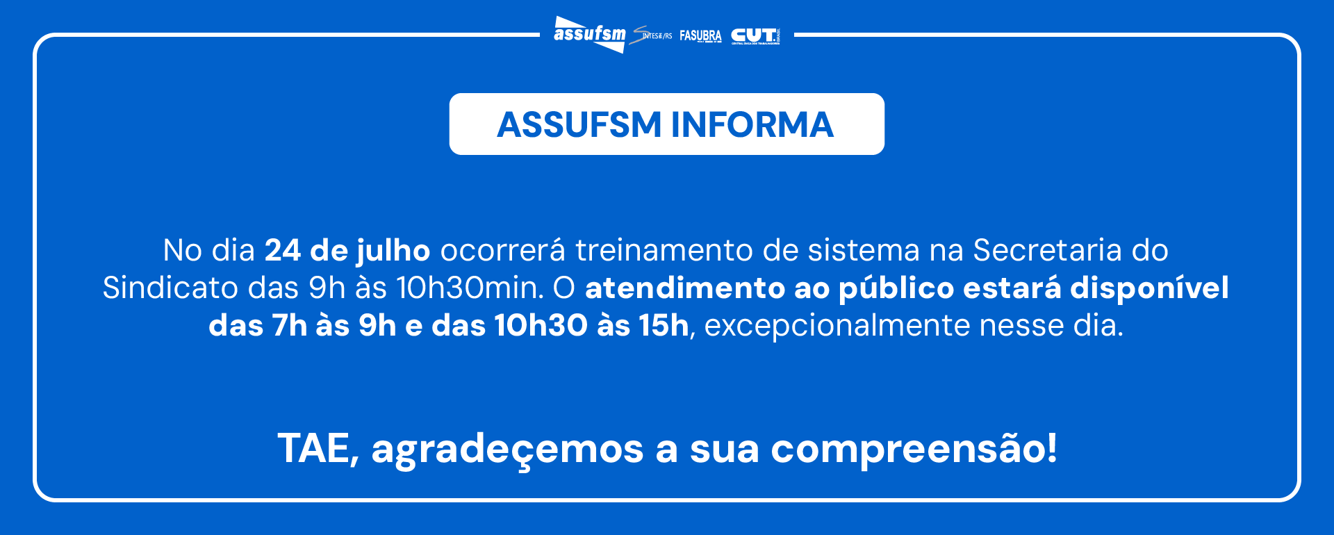 Secretaria da Assufsm terá treinamento de sistema na manhã de sexta-feira (24)