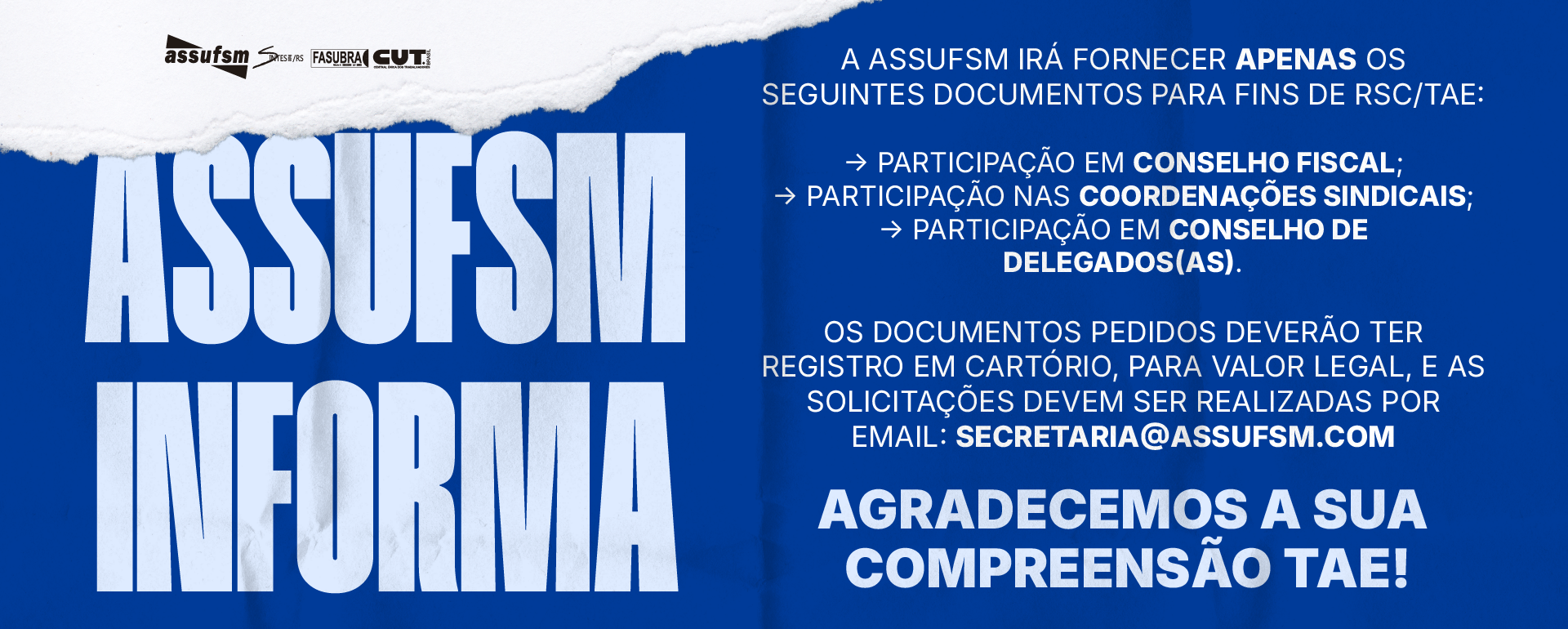 Assufsm informa: Saiba esclarecimentos da documentação que o sindicato irá fornecer para fins de RSC