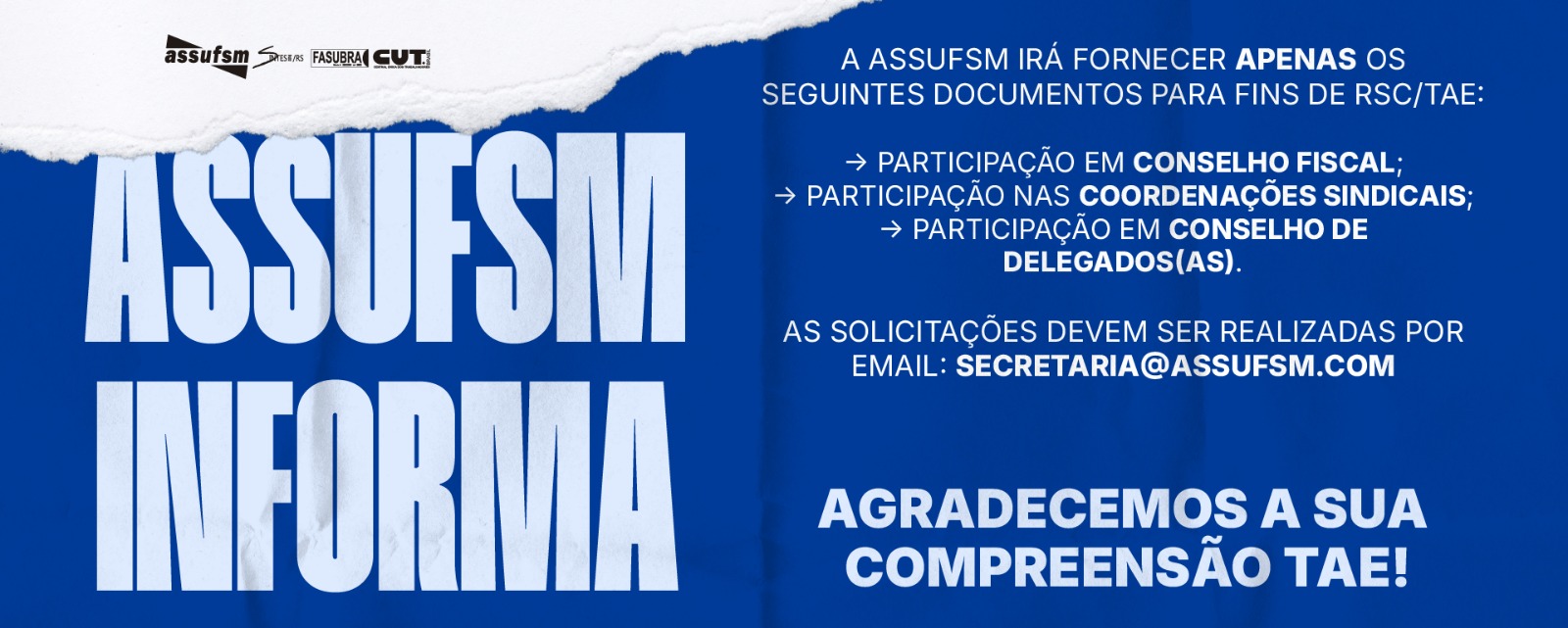 Assufsm informa: Saiba esclarecimentos da documentação que o sindicato irá fornecer para fins de RSC
