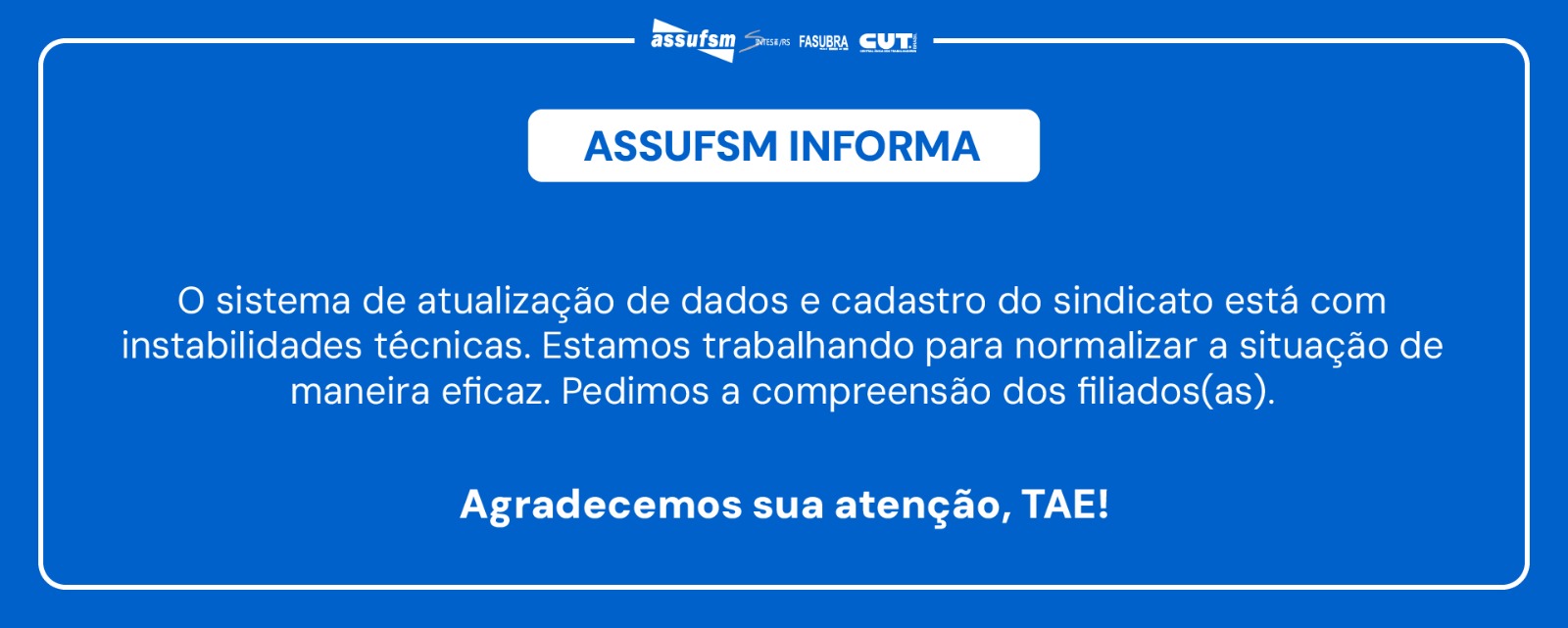 Sistema sindical de atualização de dados e cadastro está com instabilidades